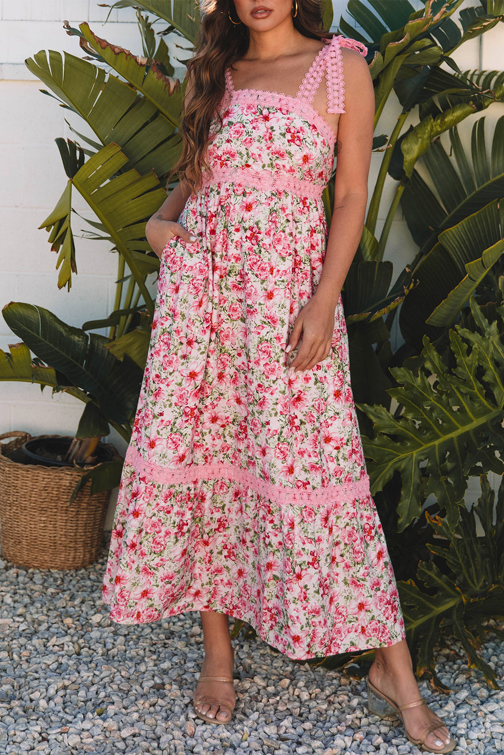 Pink Floral Lace Tied Strap Maxi Dress