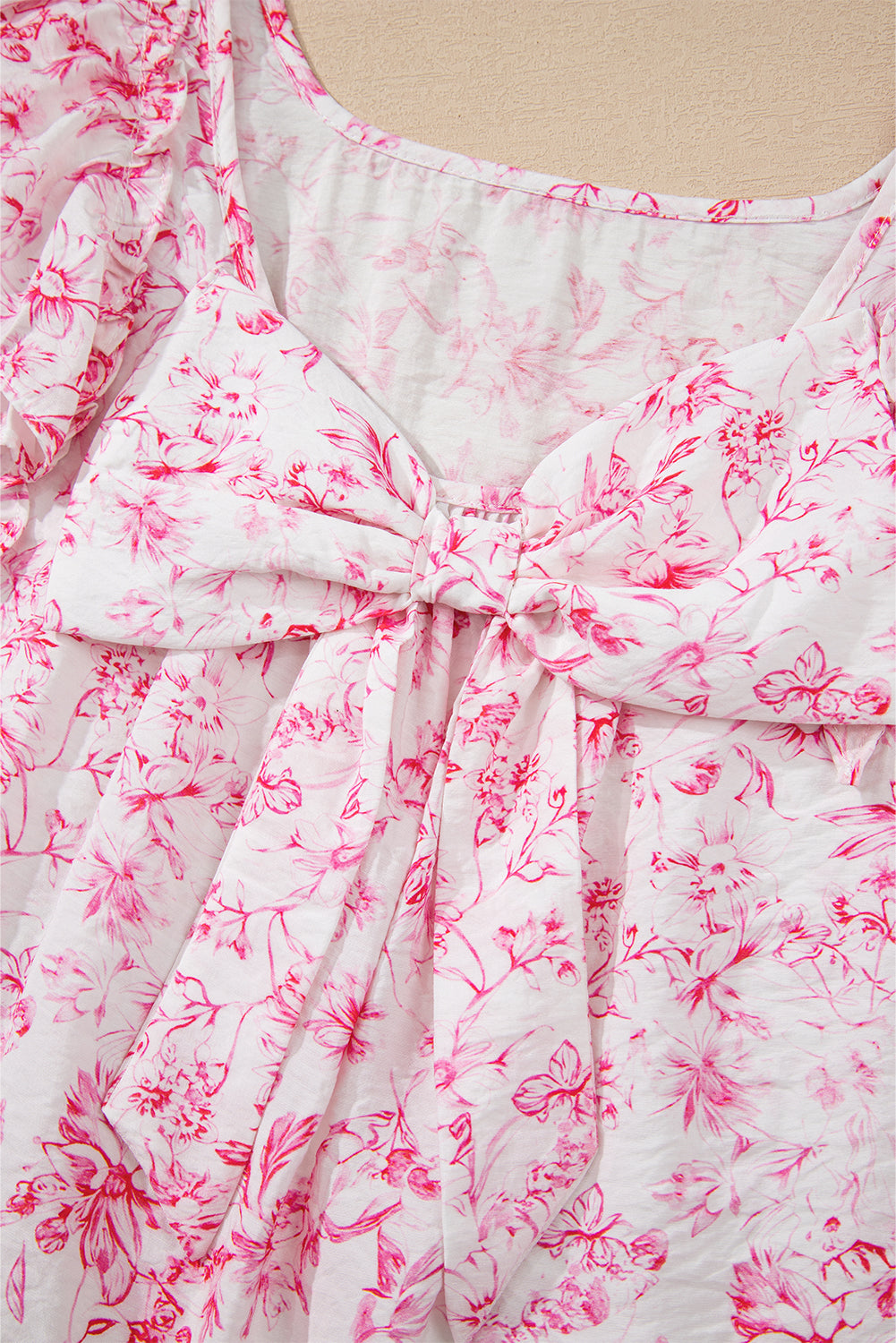 Pink Floral Ruffled Sleeve Bow Blouse