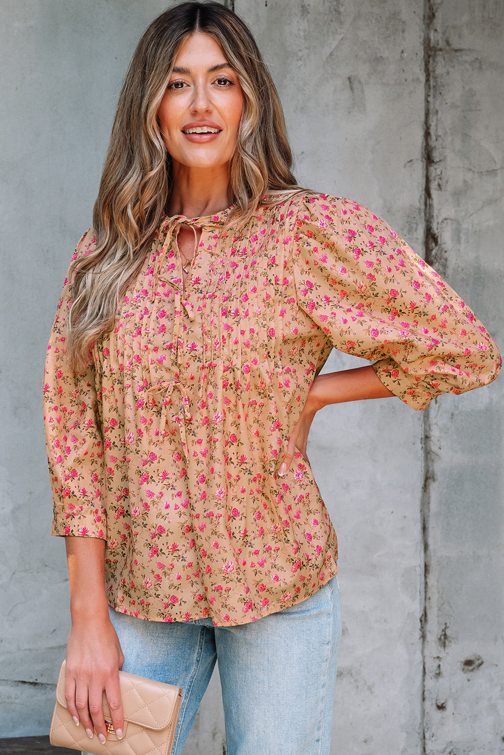 Floral Print Bow Pintuck Bust Half Puff Sleeve Blouse