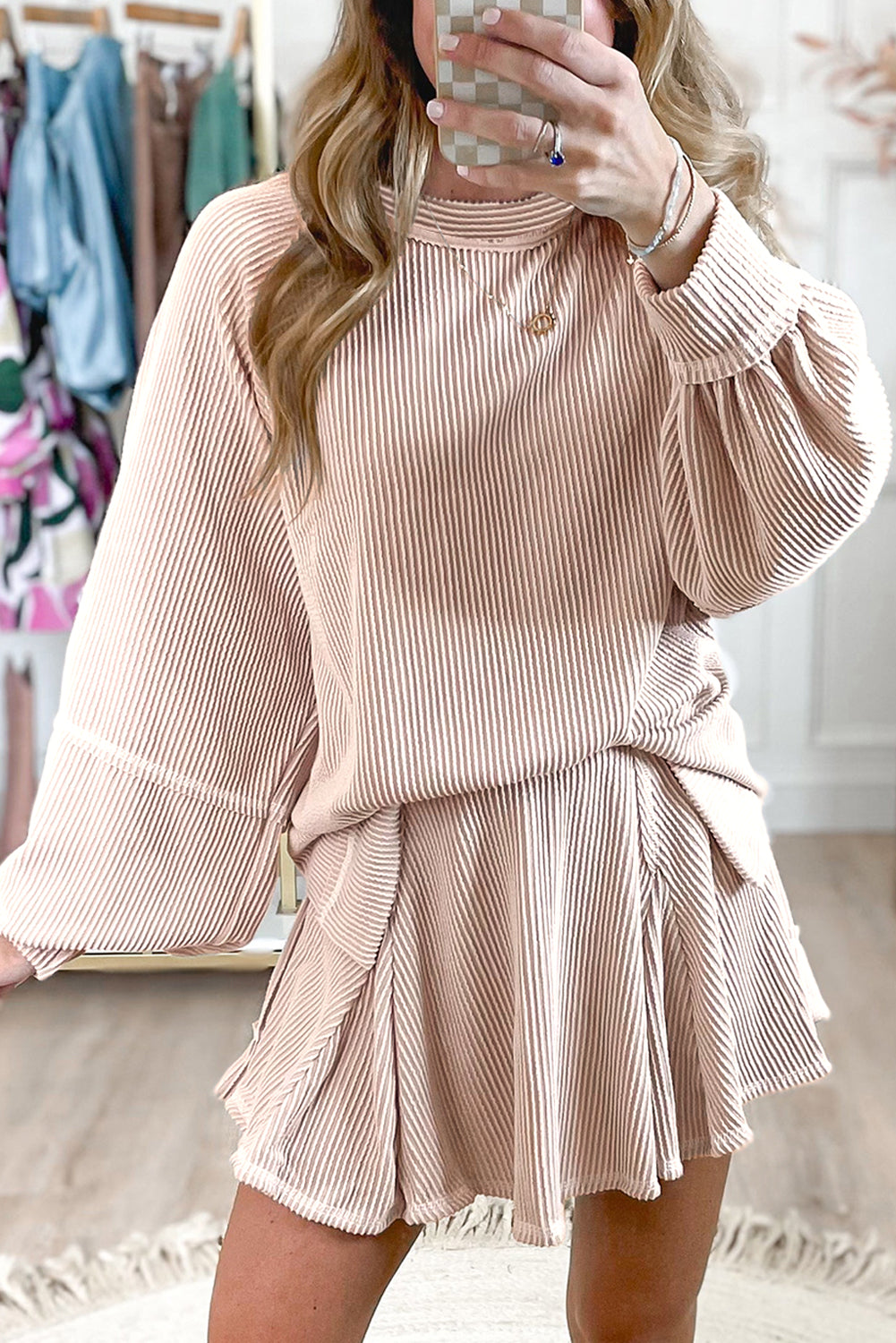 Corded Lantern Sleeve Top High Waist Ruffled Mini Skirt Set