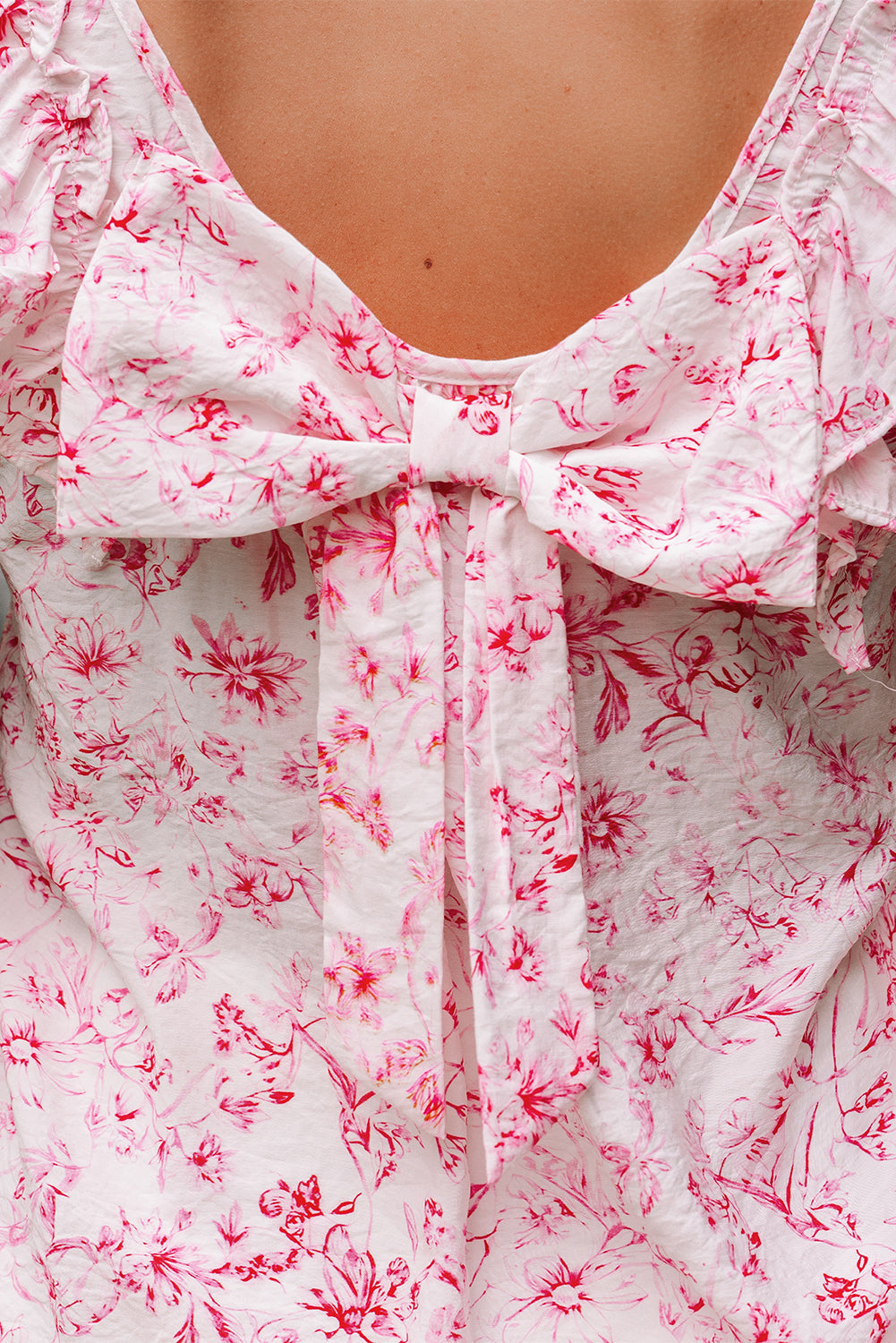 Pink Floral Ruffled Sleeve Bow Blouse