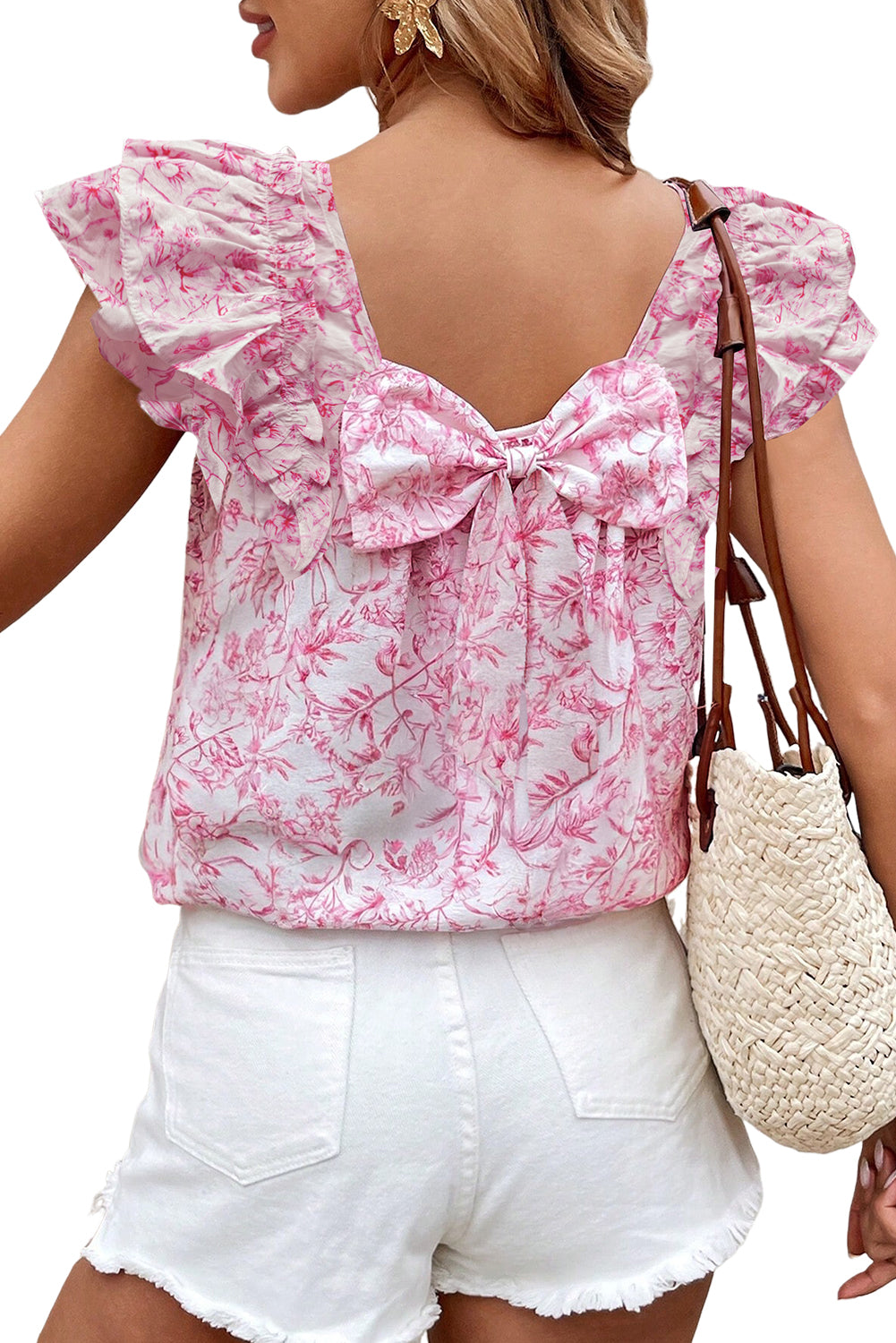 Pink Floral Ruffled Sleeve Bow Blouse