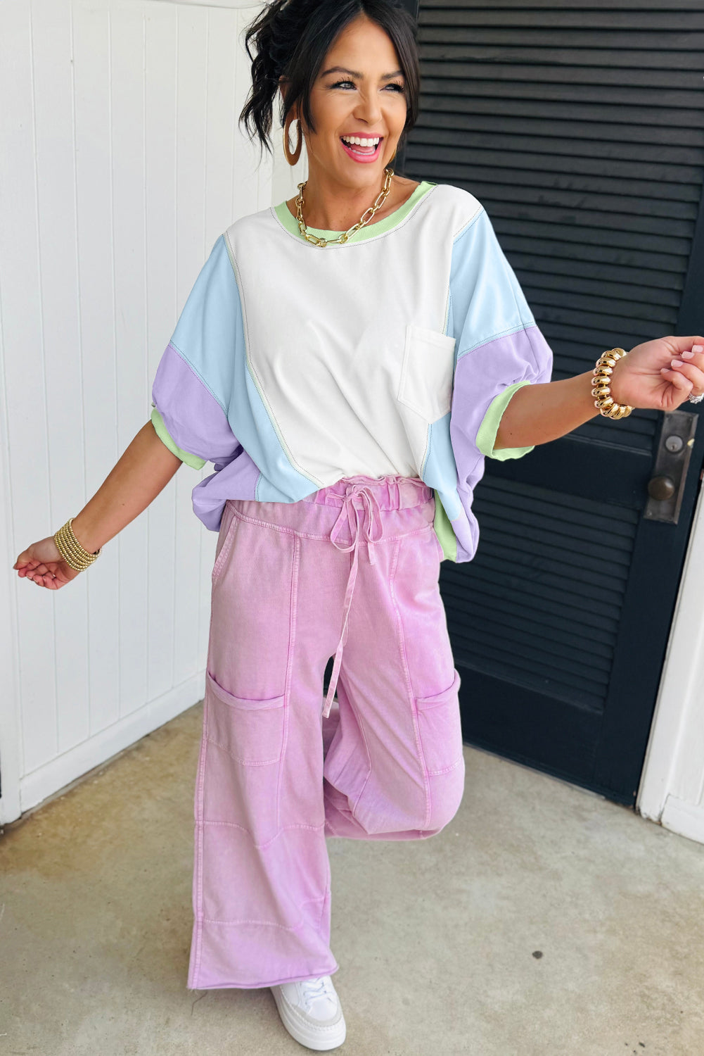 White Color Block Patchwork Oversized T Shirt