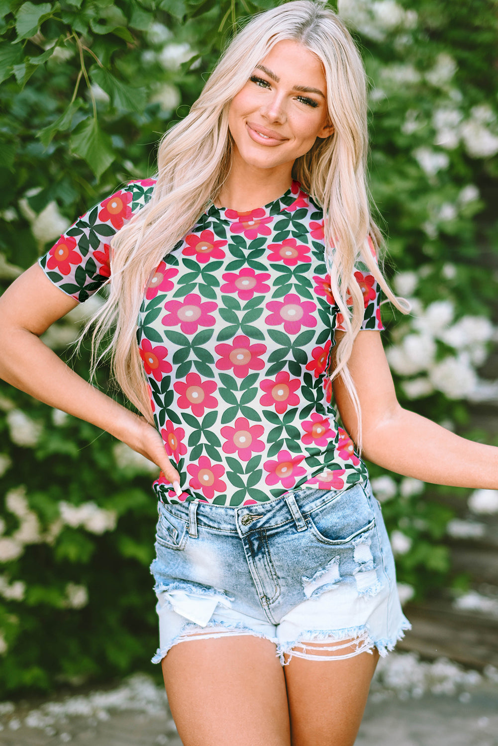 Fiery Red Retro Floral Print Top