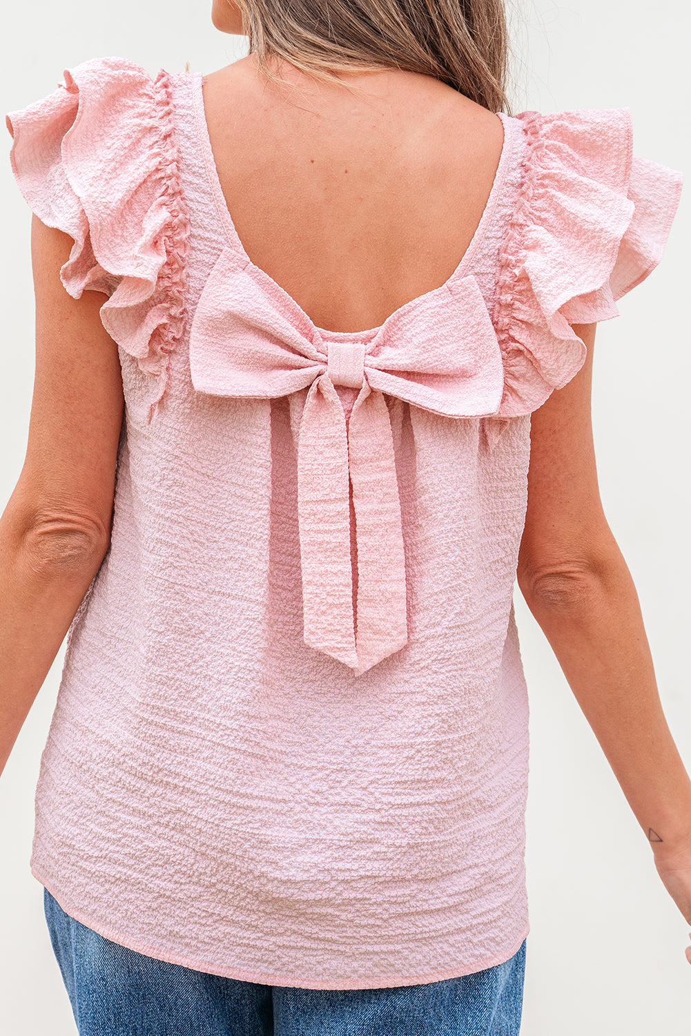 Pink Textured Bow Knot Frilled Butterfly Sleeve Blouse