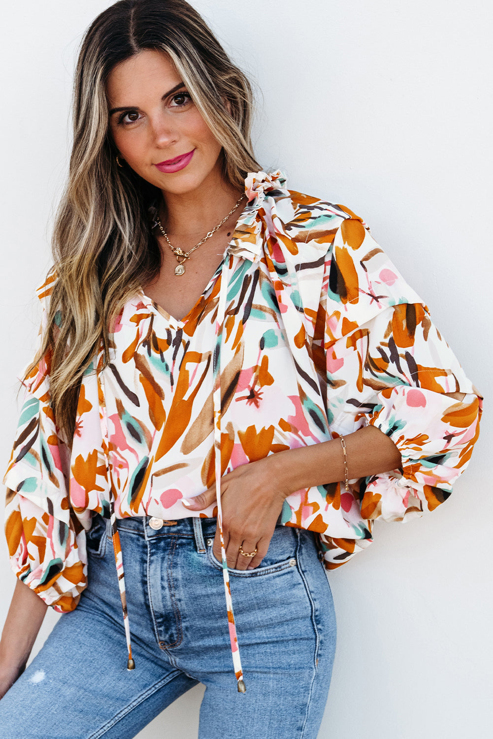 Yellow Abstract Print Drawstring Frilled V Neck Blouse