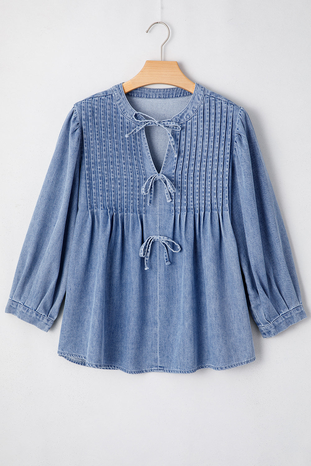 Denim Front Pintuck Bow Tie Puff Top