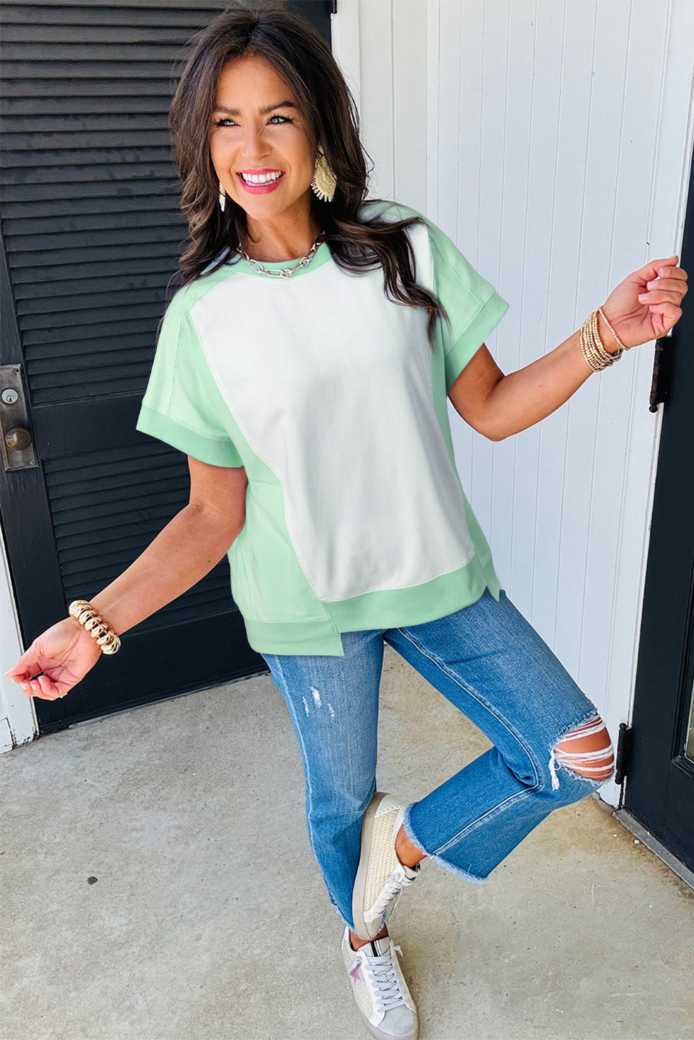 Light Green Color Block Exposed Seam Crew Neck T Shirt