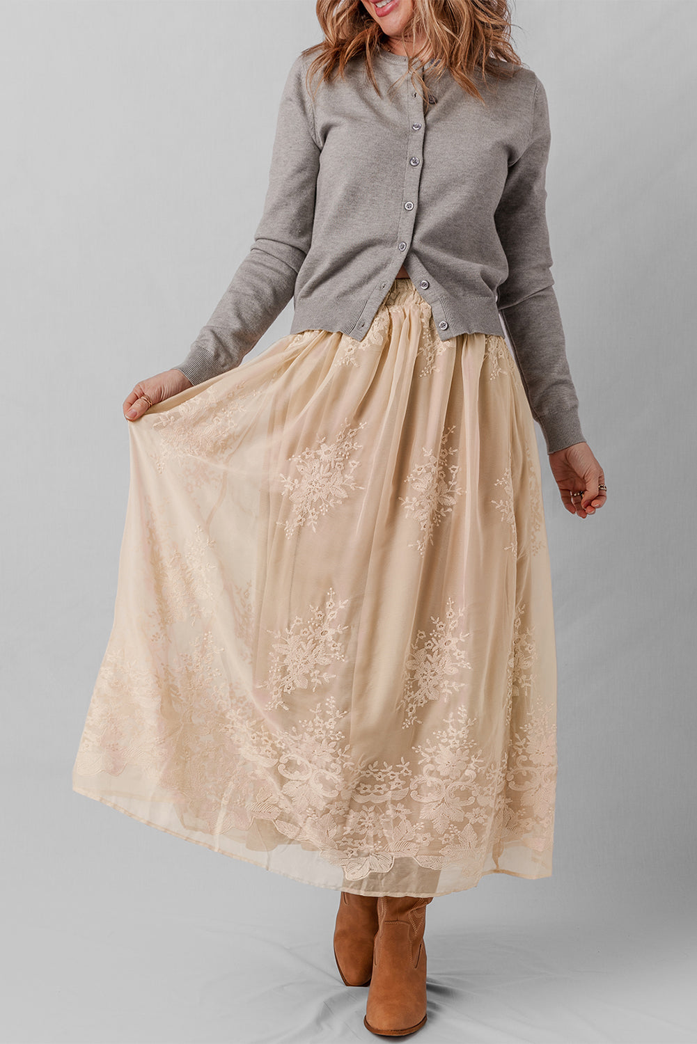 Oatmeal Embroidered Mesh Flowy Long Skirt