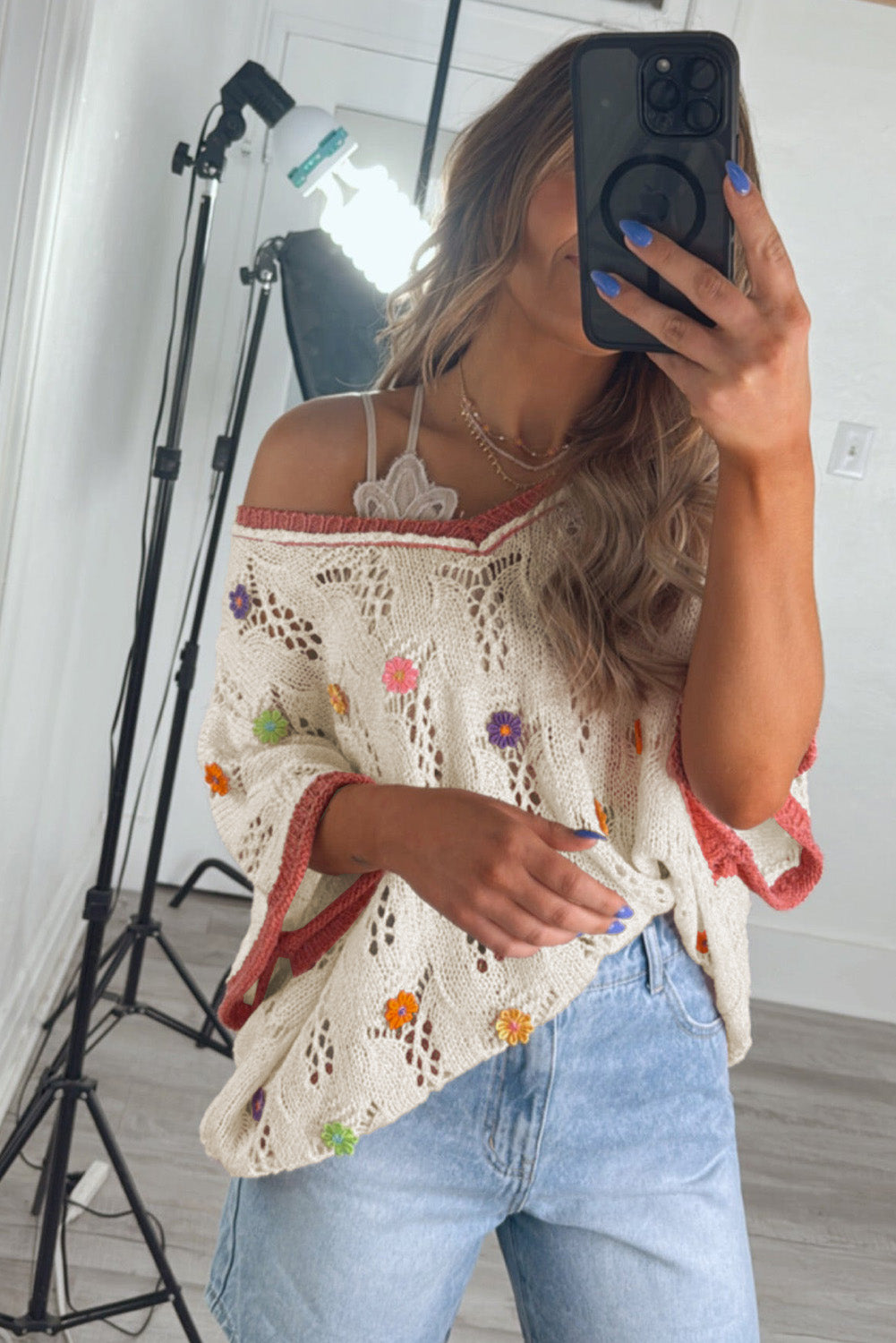 Embroidered Flowers Colorblock Sweater