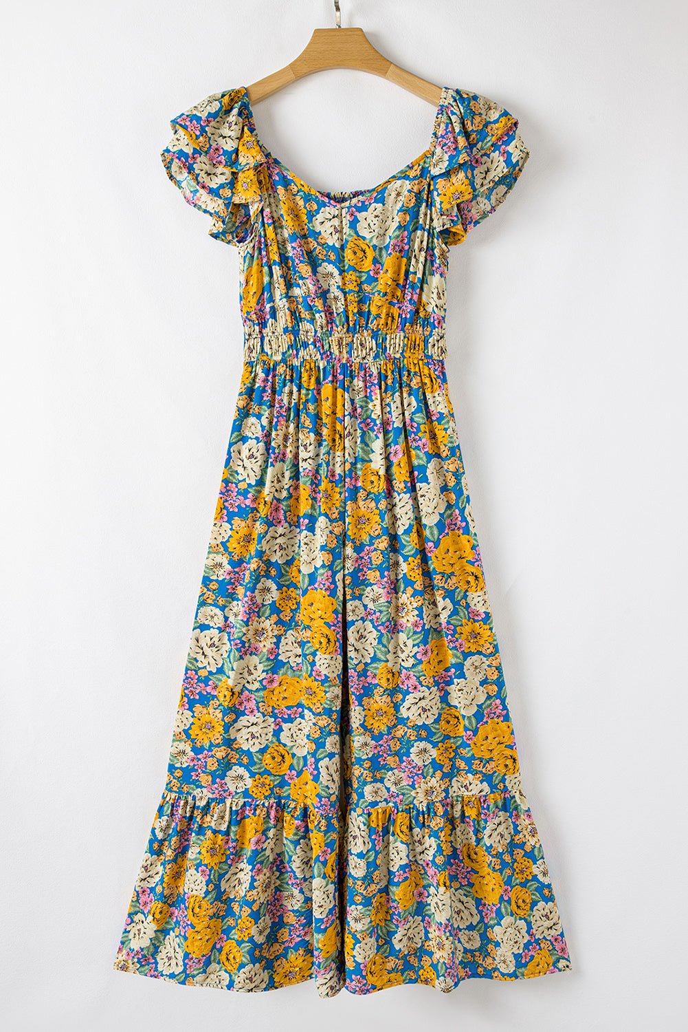 Yellow Floral Shirred Cut Out High Waist Jumpsuit