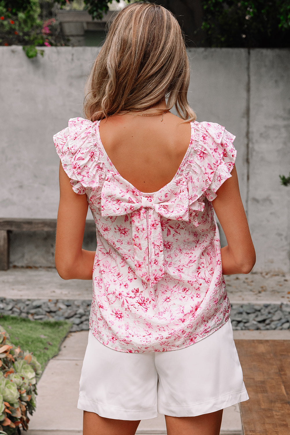 Pink Floral Ruffled Sleeve Bow Blouse