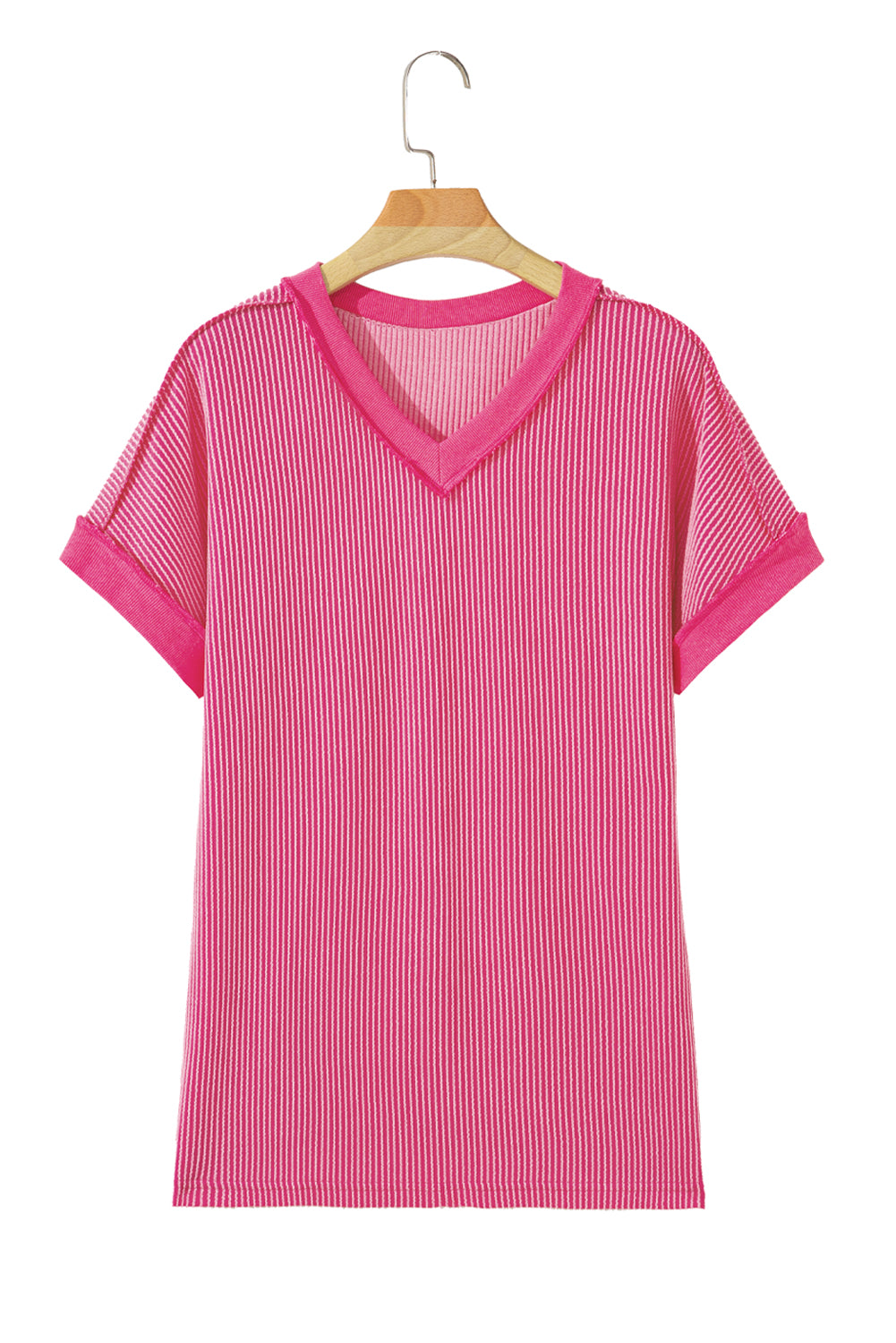 Rose Twisted Ribbed Knit V Neck Casual Tee