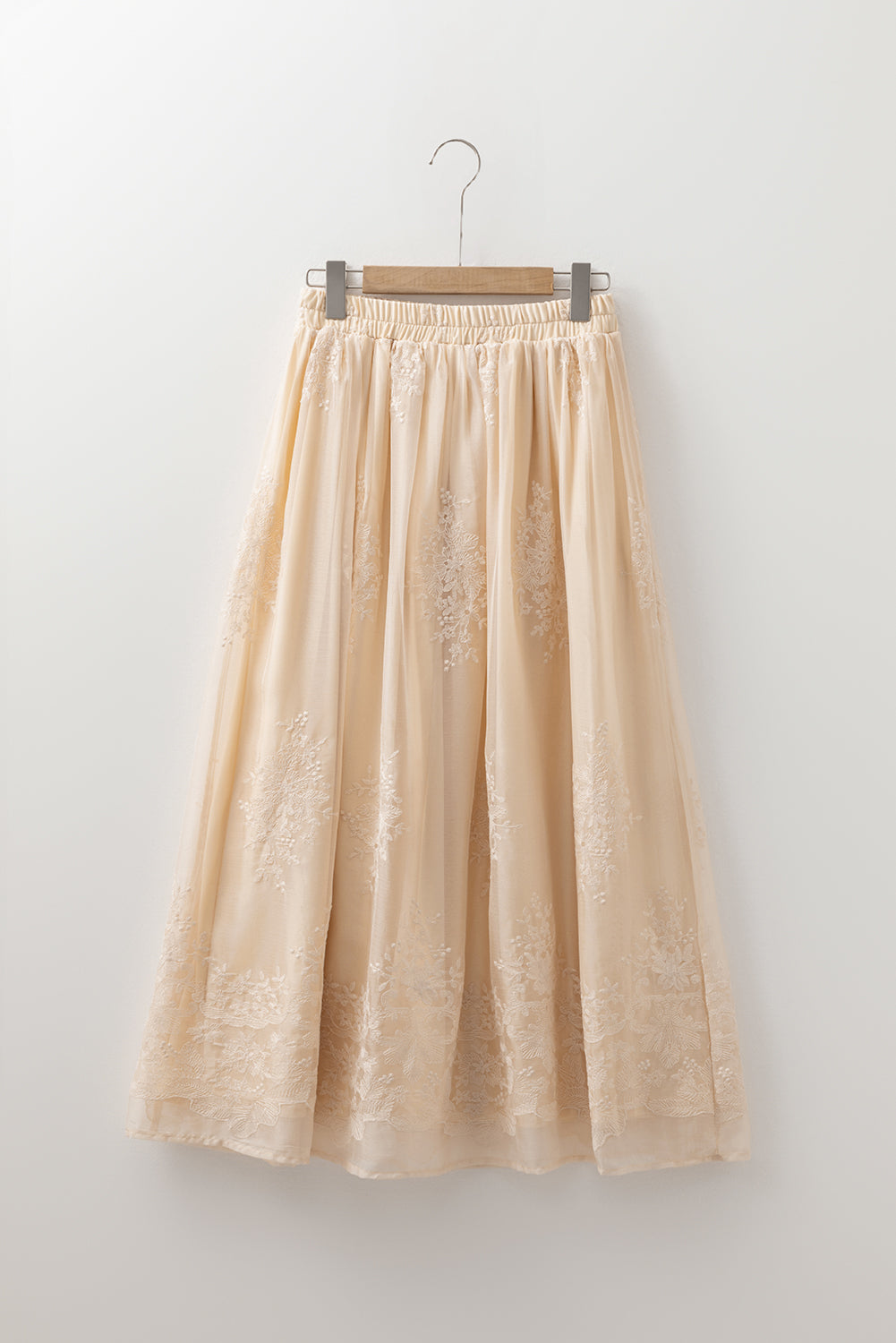 Oatmeal Embroidered Mesh Flowy Long Skirt