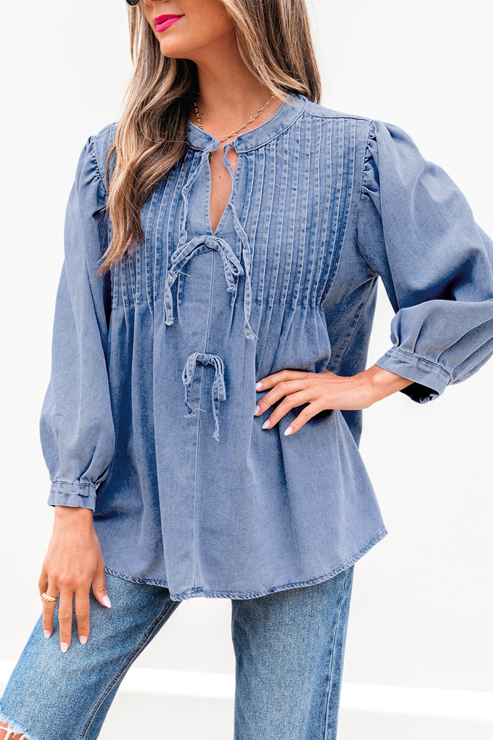 Denim Front Pintuck Bow Tie Puff Top