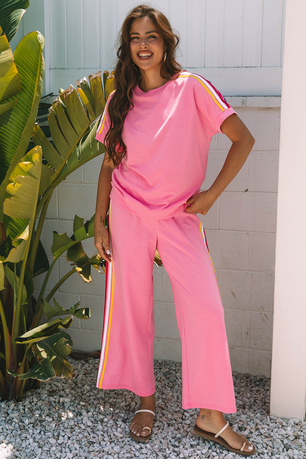 Contrast T Shirt and Wide Leg High Waist Pants Set