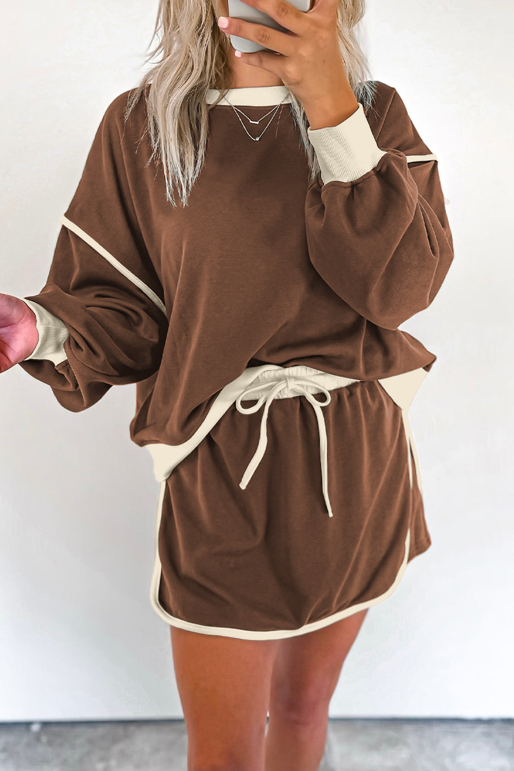 Coffee Loose Pullover and Lace-up Waist Skort Set
