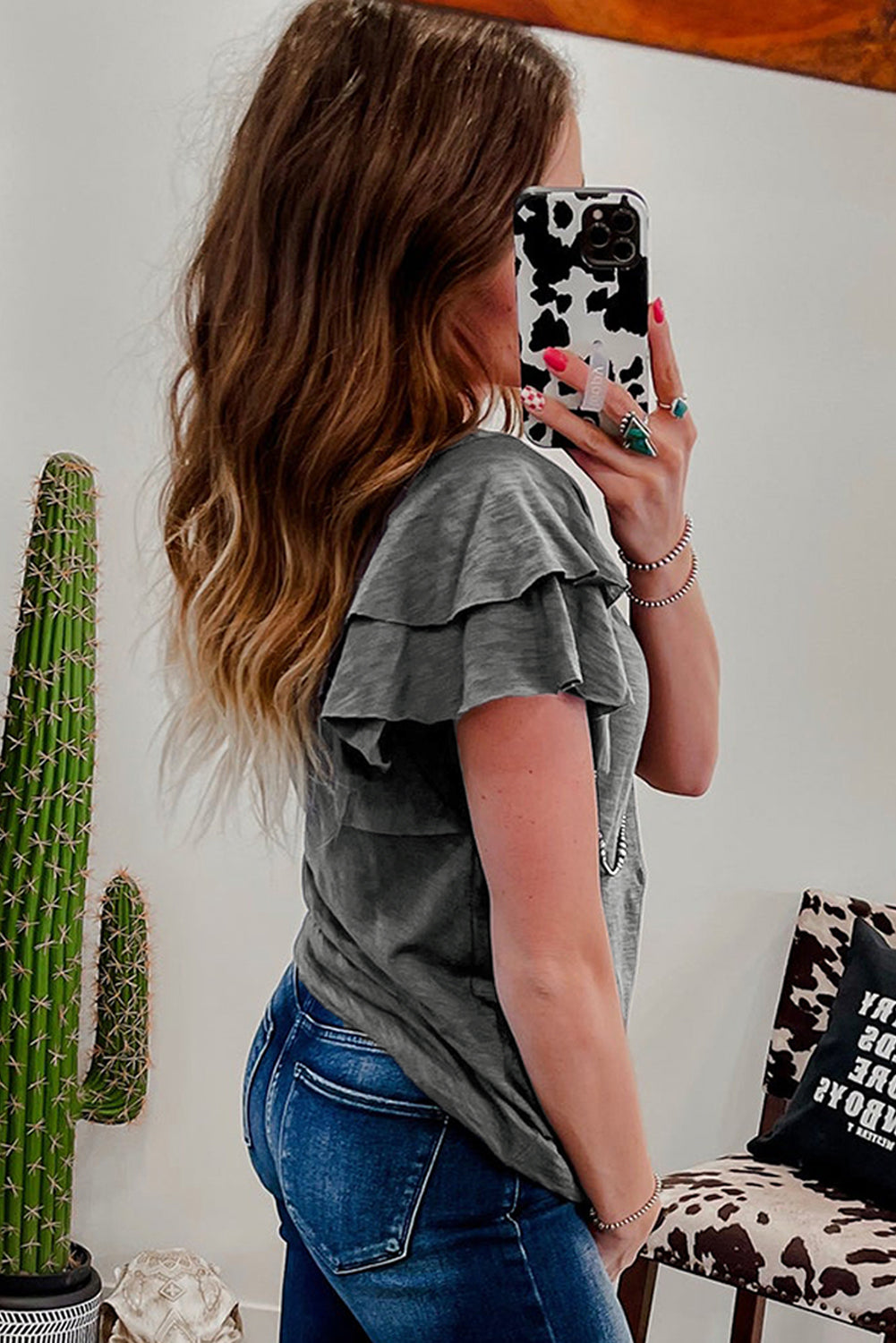 Dark Grey Ruffle Short Sleeve Top