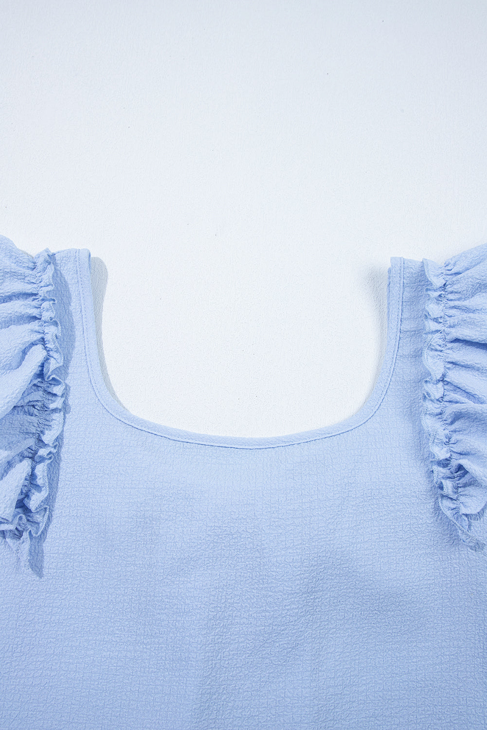Blue Textured Bow Knot Frilled Butterfly Sleeve Blouse