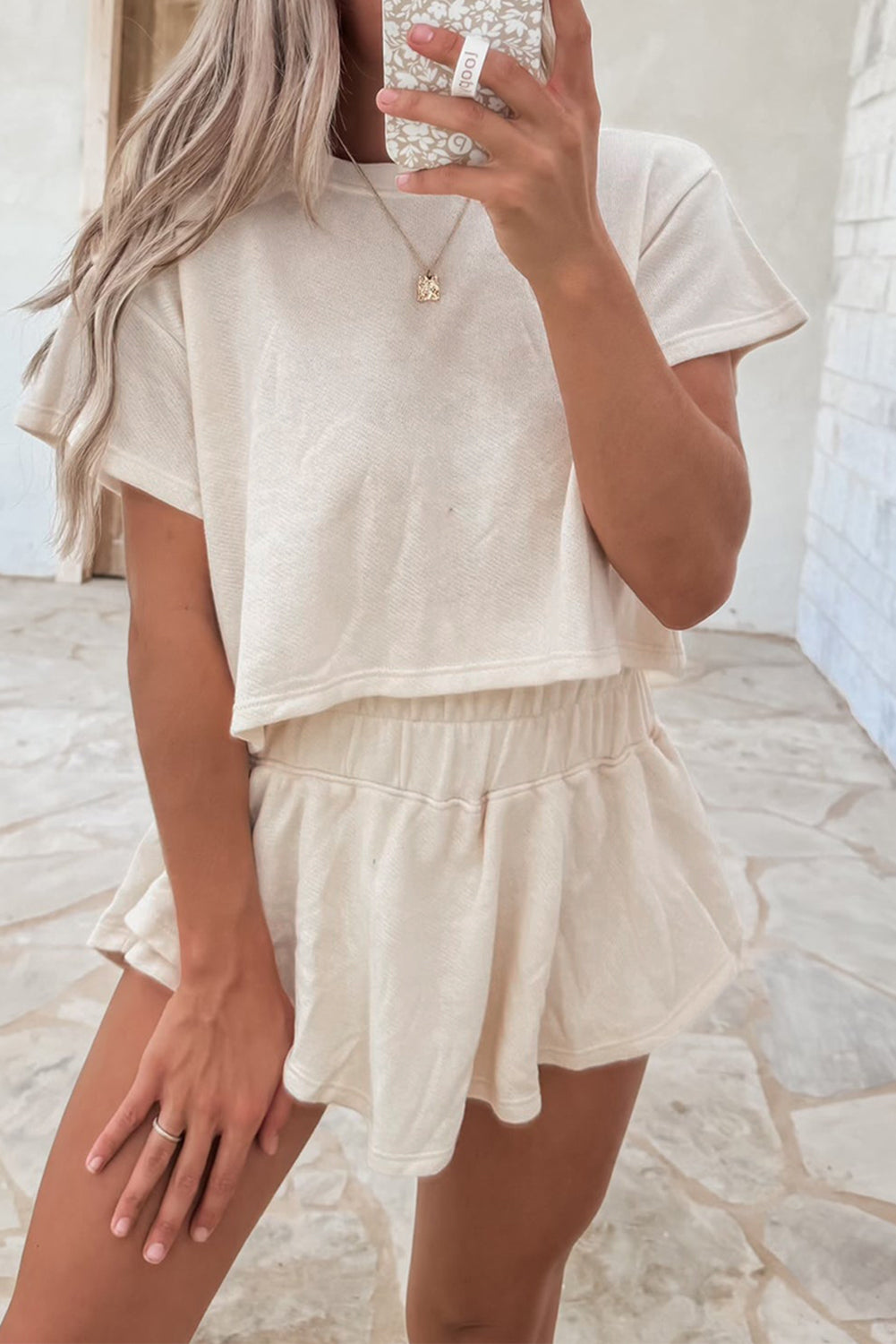 Beige Cropped Tee and Ruffle High Waist Skort Set