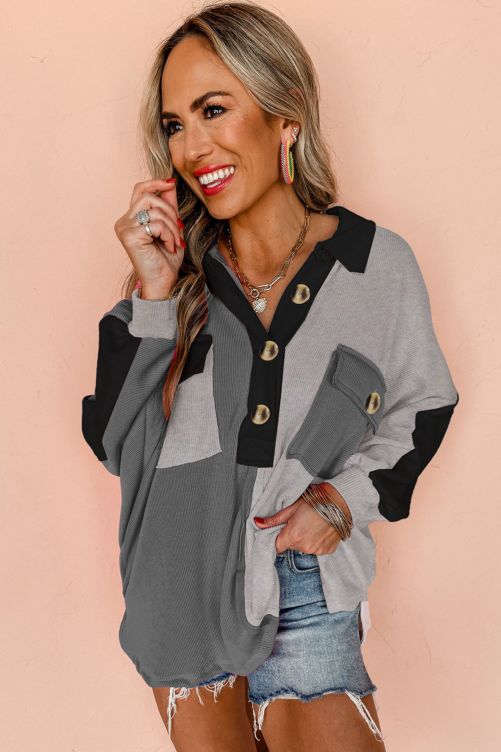 Gray Colorblock Ribbed Oversized Sweatshirt