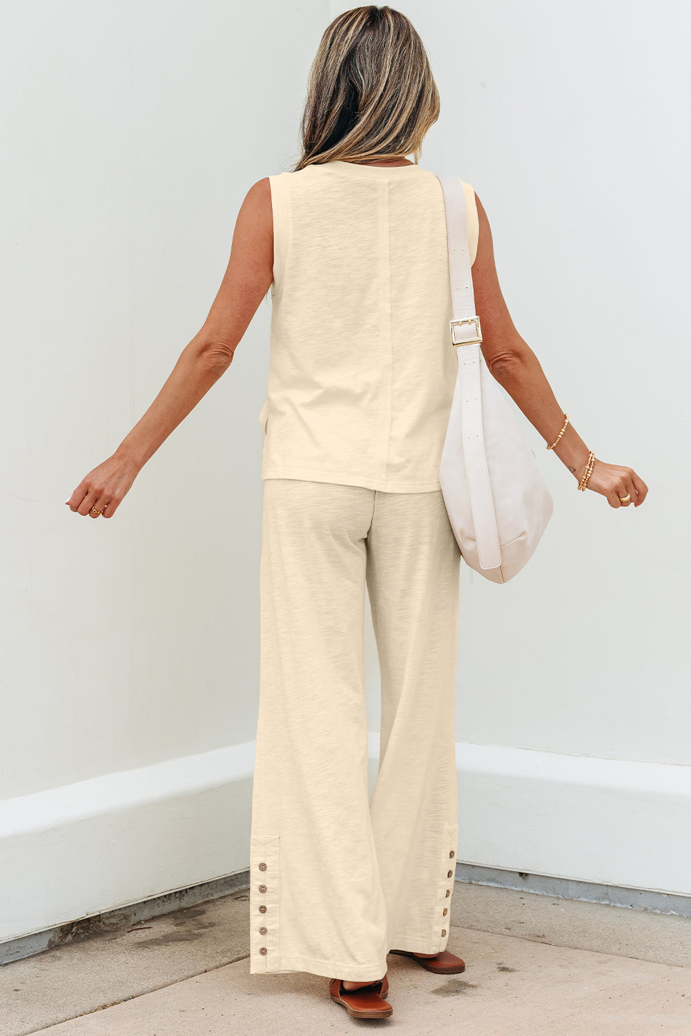 Beige Solid Color Tank Top and Pants Set