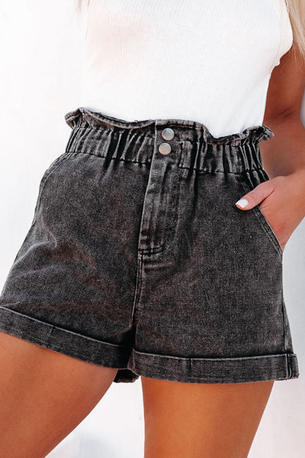 Black Vintage Washed High Waist Denim Shorts