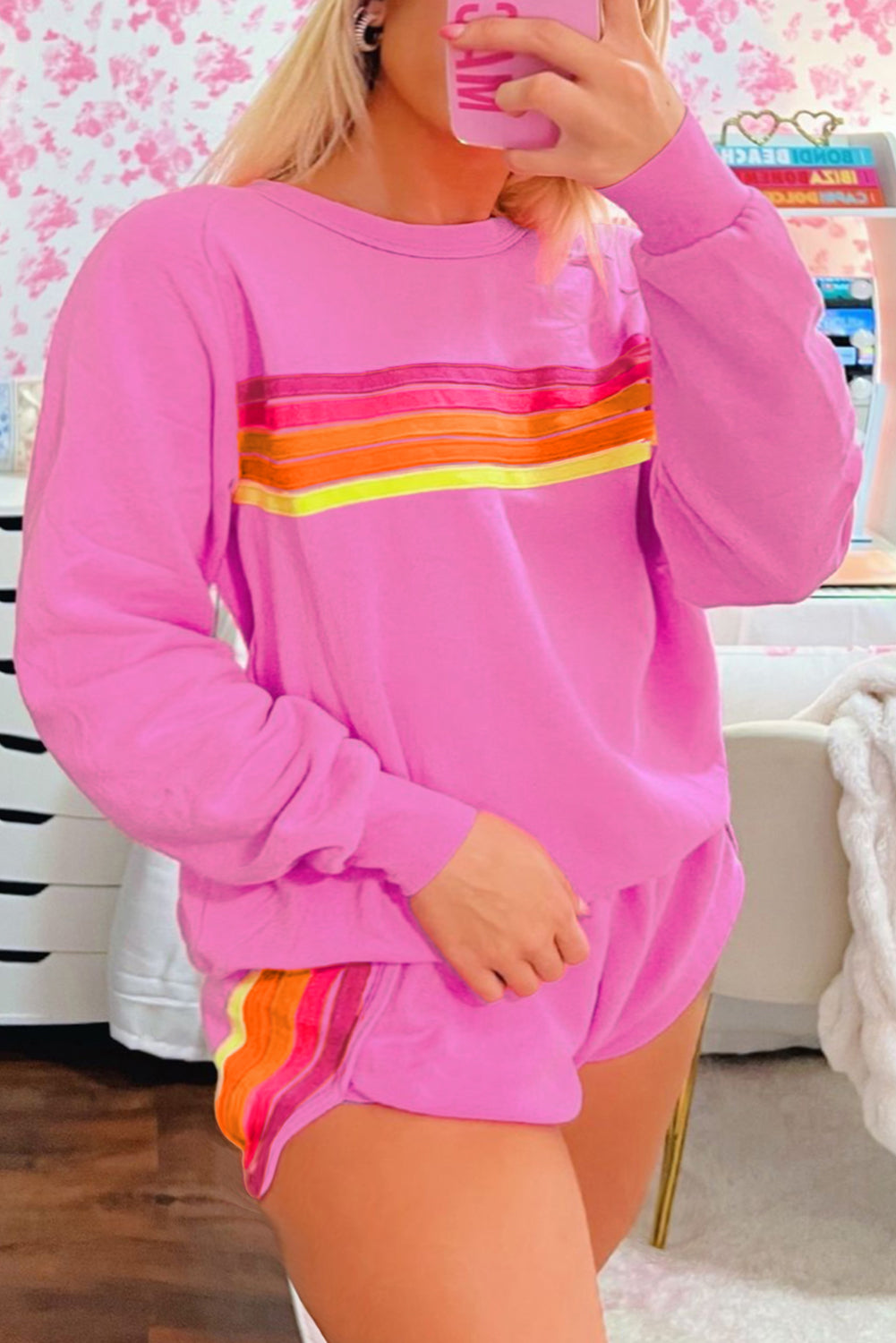 Striped Accent Pullover and Shorts Two Piece Set