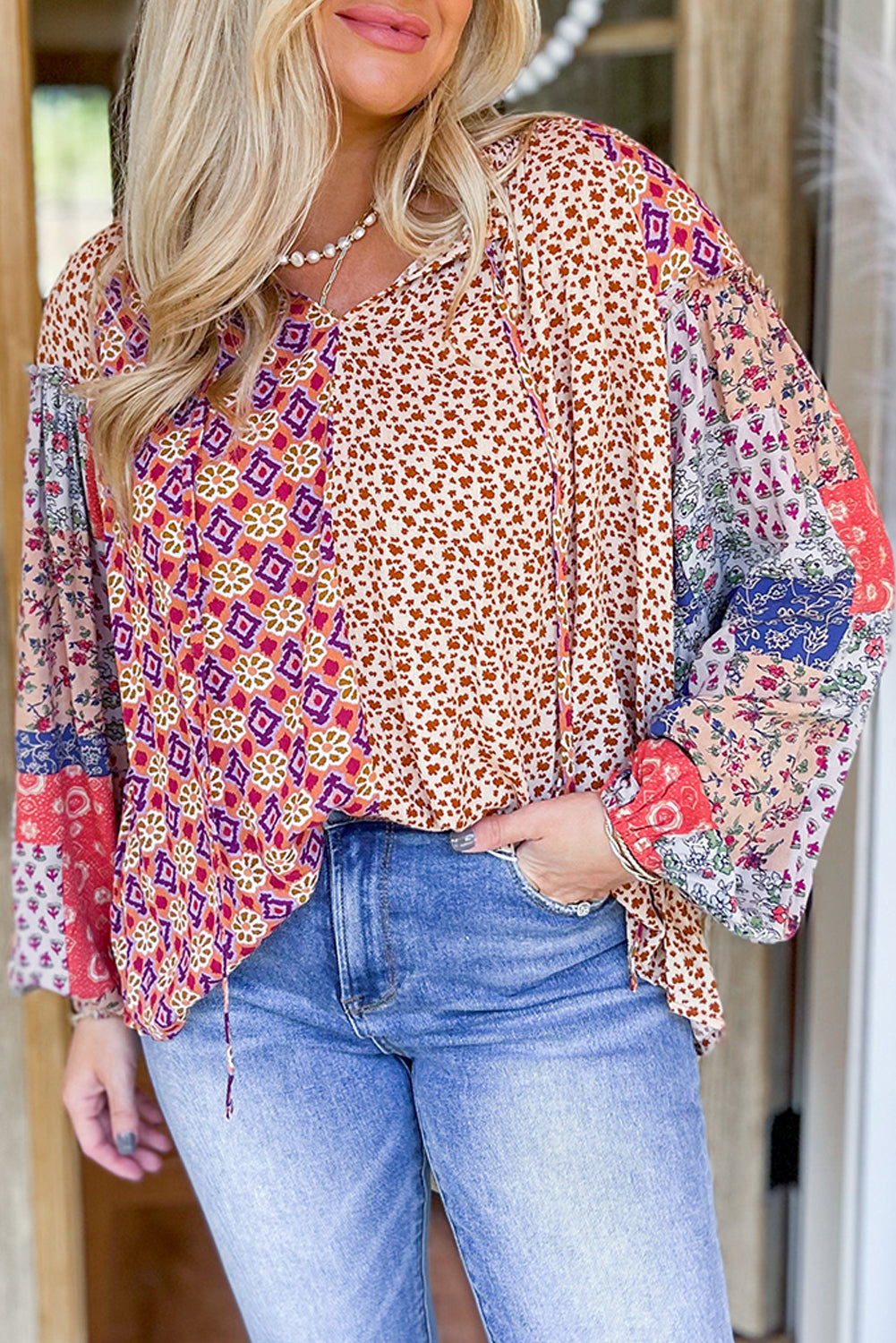 Floral Printed Long Sleeve Tied V Neck Blouse