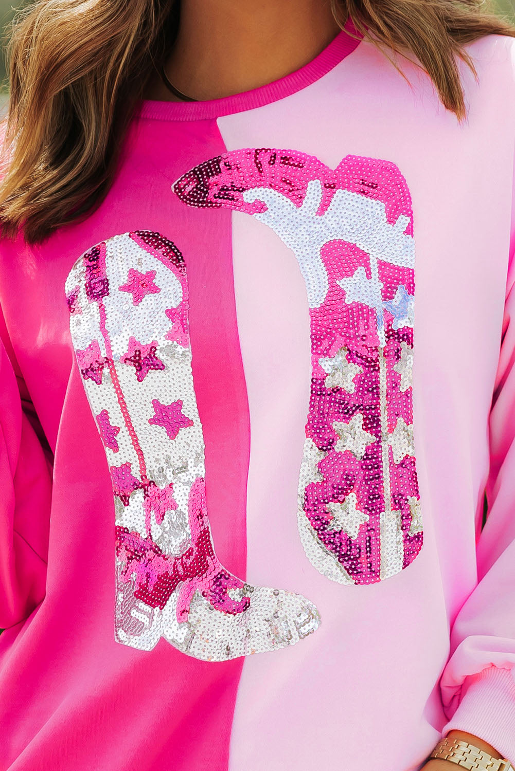 Pink Color Block Sequined Cowgirl Boots Sweatshirt