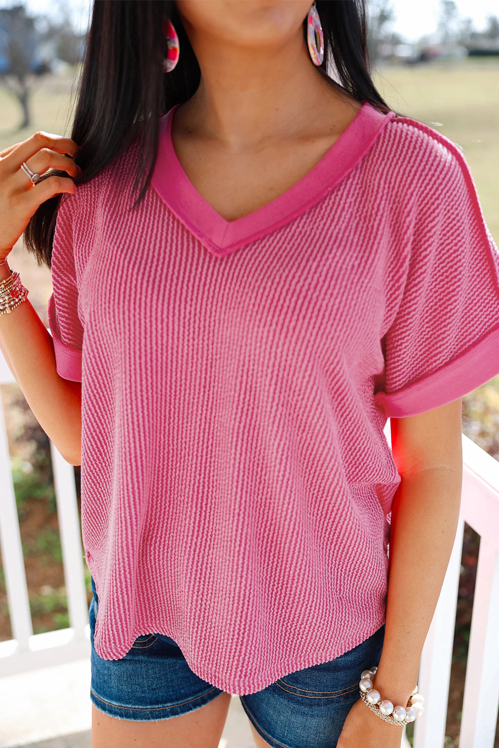 Rose Twisted Ribbed Knit V Neck Casual Tee