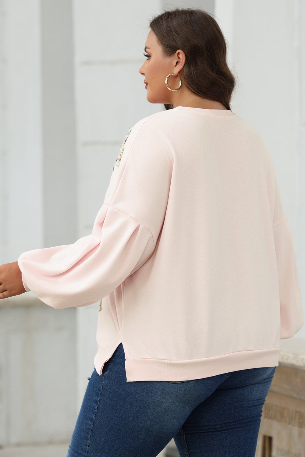 Embroidered Bow Lantern Sleeve Oversized Pullover