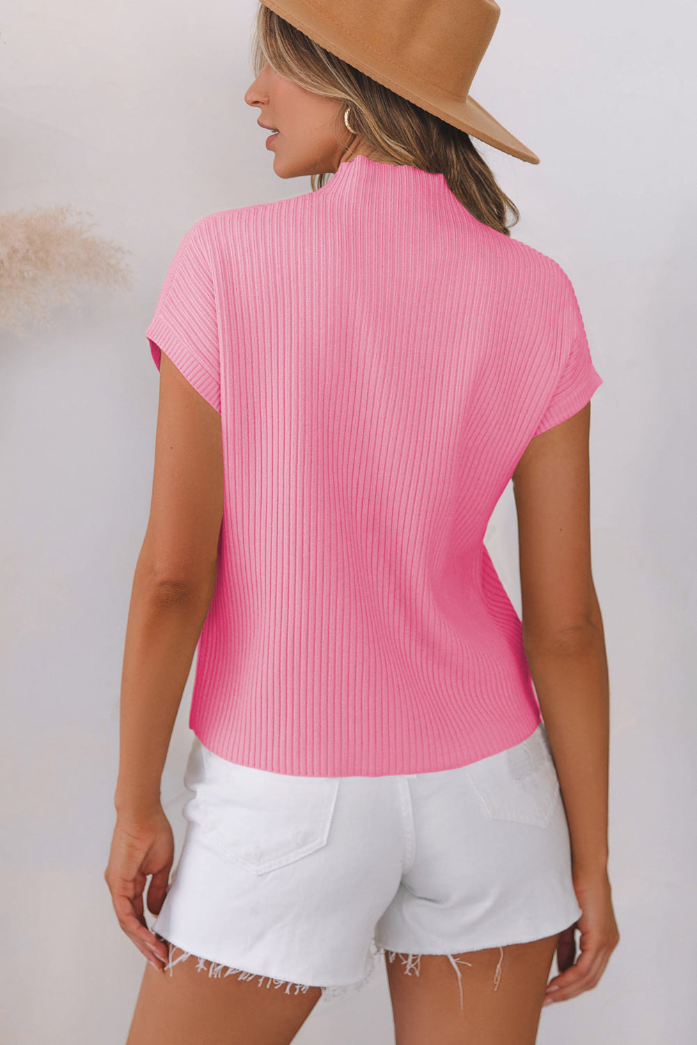 Pink Ribbed Knit Short Sleeve Sweater