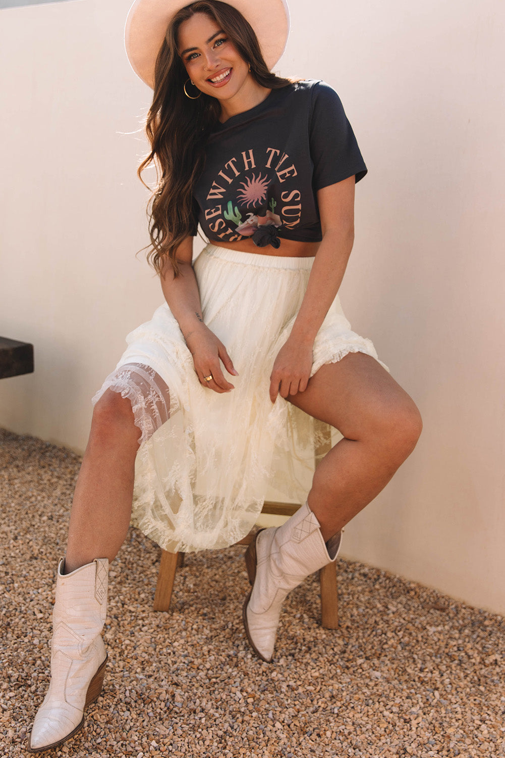 Beige Lace Tiered High Waist Maxi Skirt