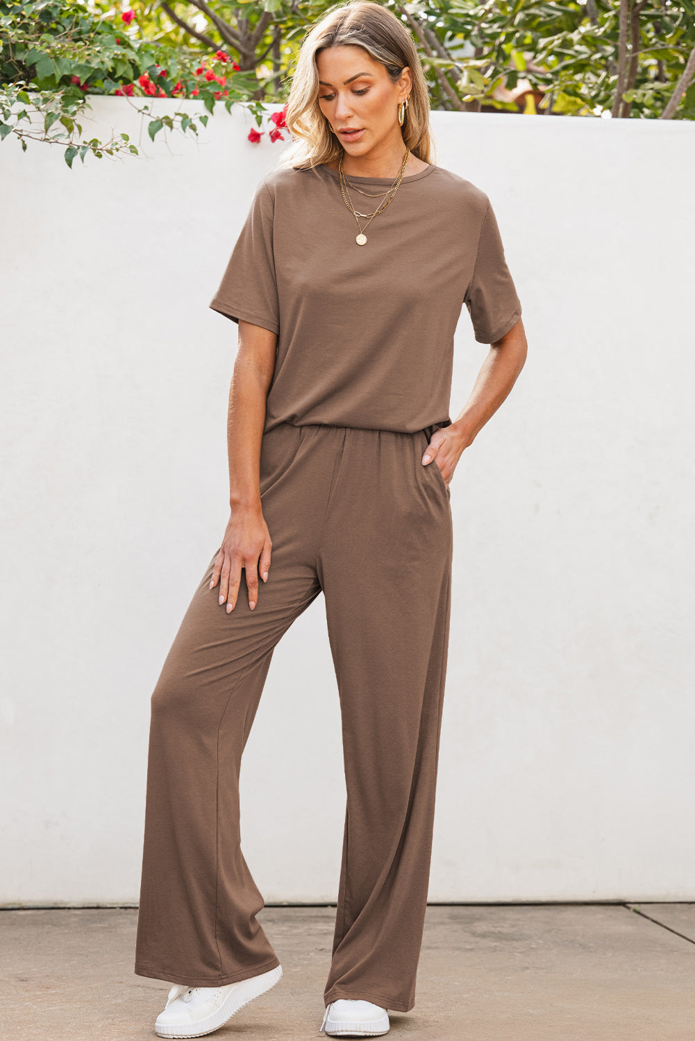 Smoke Gray Solid Color T Shirt Wide Leg Pants Set