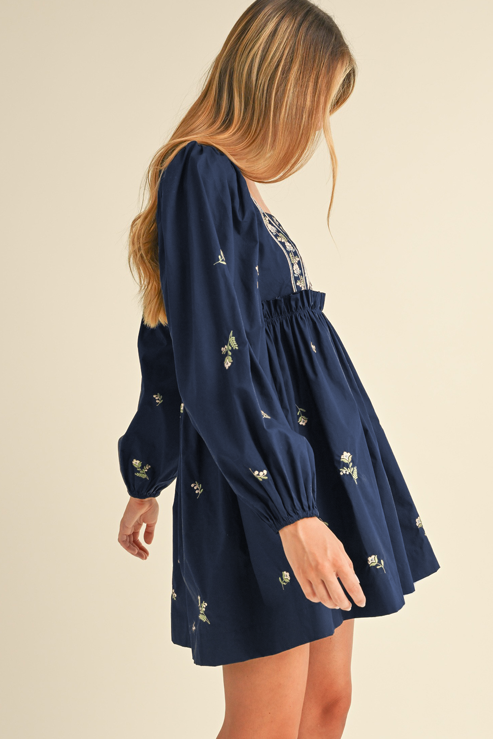 Blue Floral Embroidered Puff Sleeve Ruffled Mini Dress
