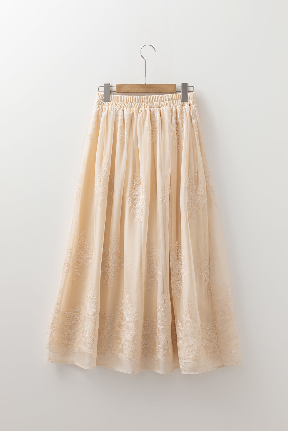 Oatmeal Embroidered Mesh Flowy Long Skirt