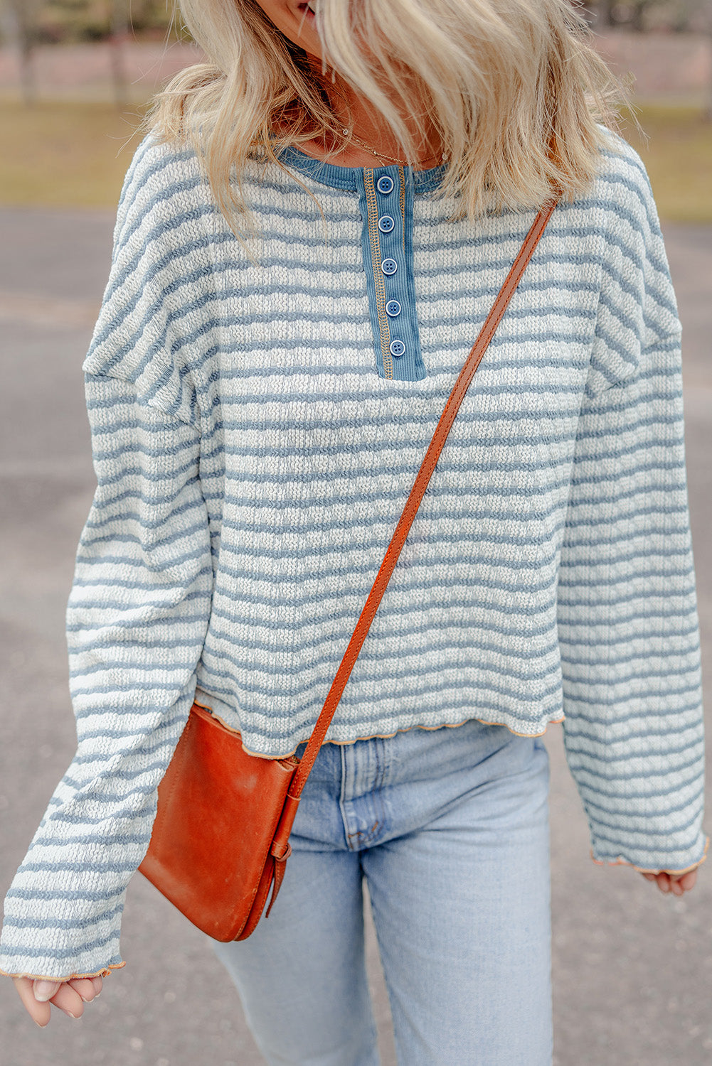 Striped Textured Henley Long Sleeve Top