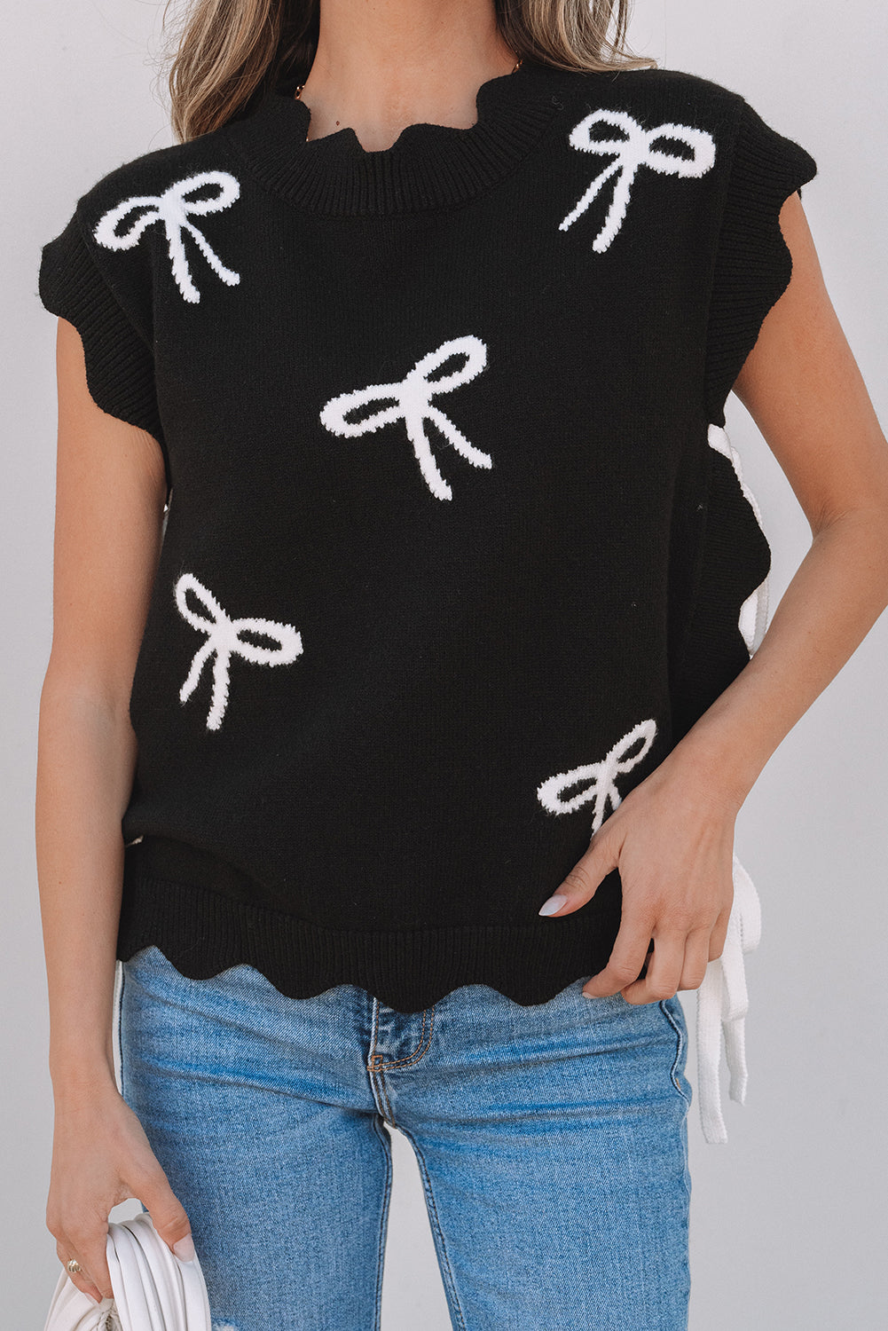 Black Bow Print Scalloped Hem Sweater T Shirt