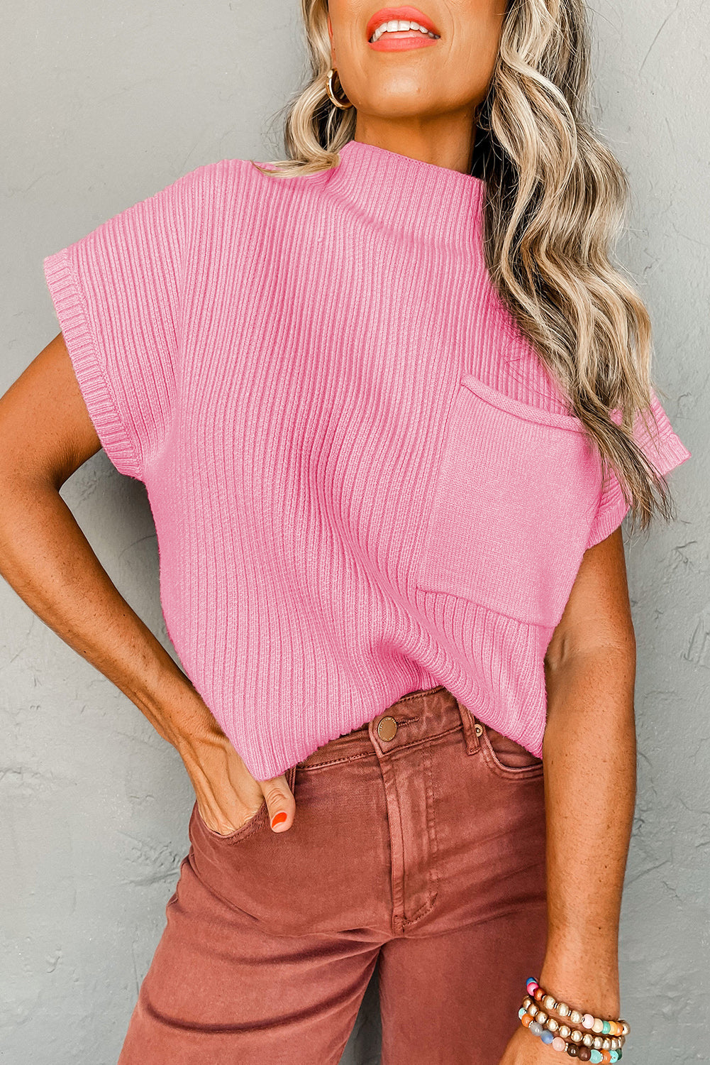 Pink Ribbed Knit Short Sleeve Sweater