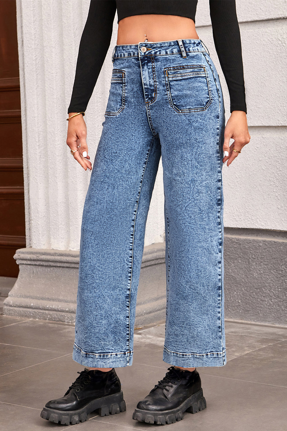 Black Chic Patch Pocket Straight Leg Loose Jeans