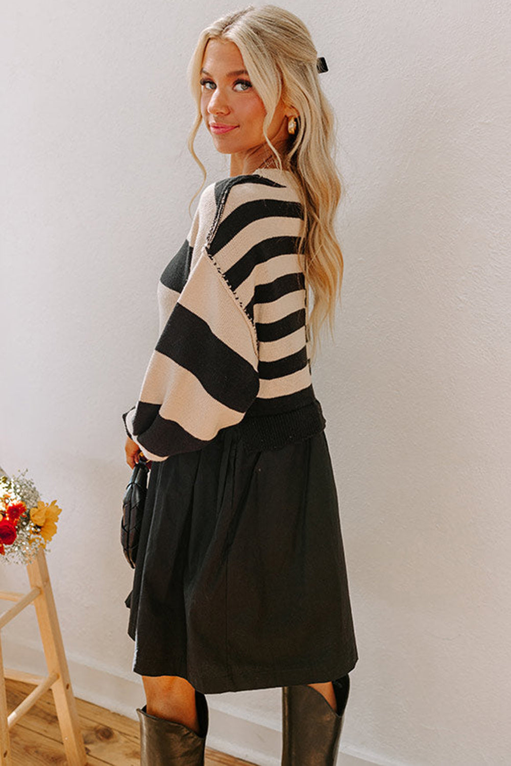 Black Stripe Knitted Top Sweater Dress
