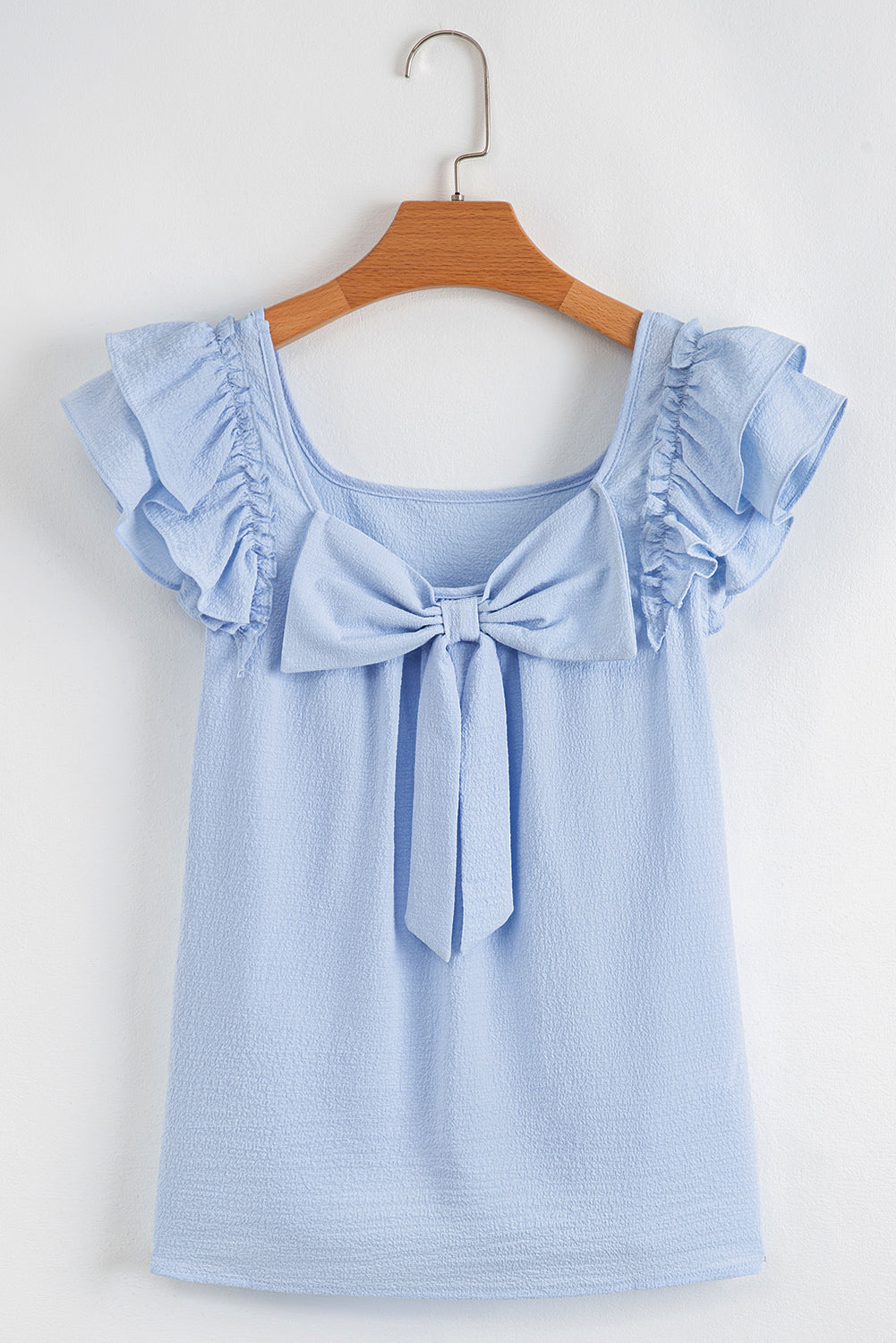 Blue Textured Bow Knot Frilled Butterfly Sleeve Blouse