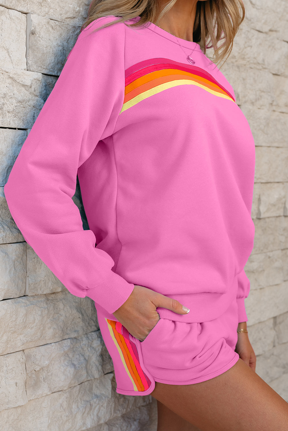 Striped Accent Pullover and Shorts Two Piece Set