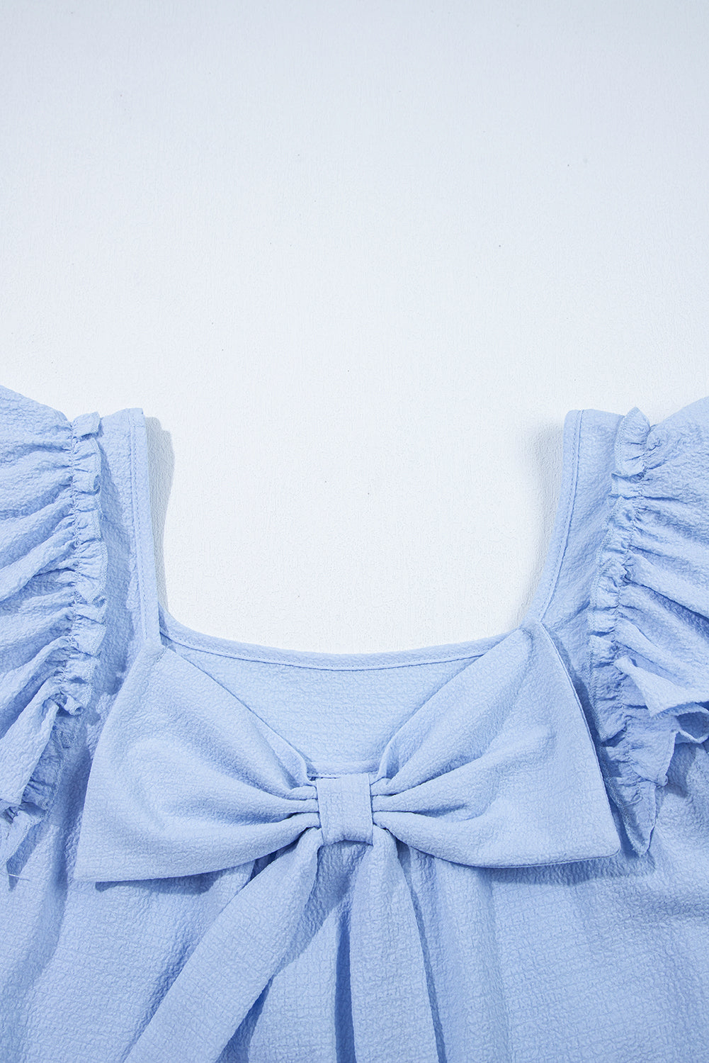 Blue Textured Bow Knot Frilled Butterfly Sleeve Blouse