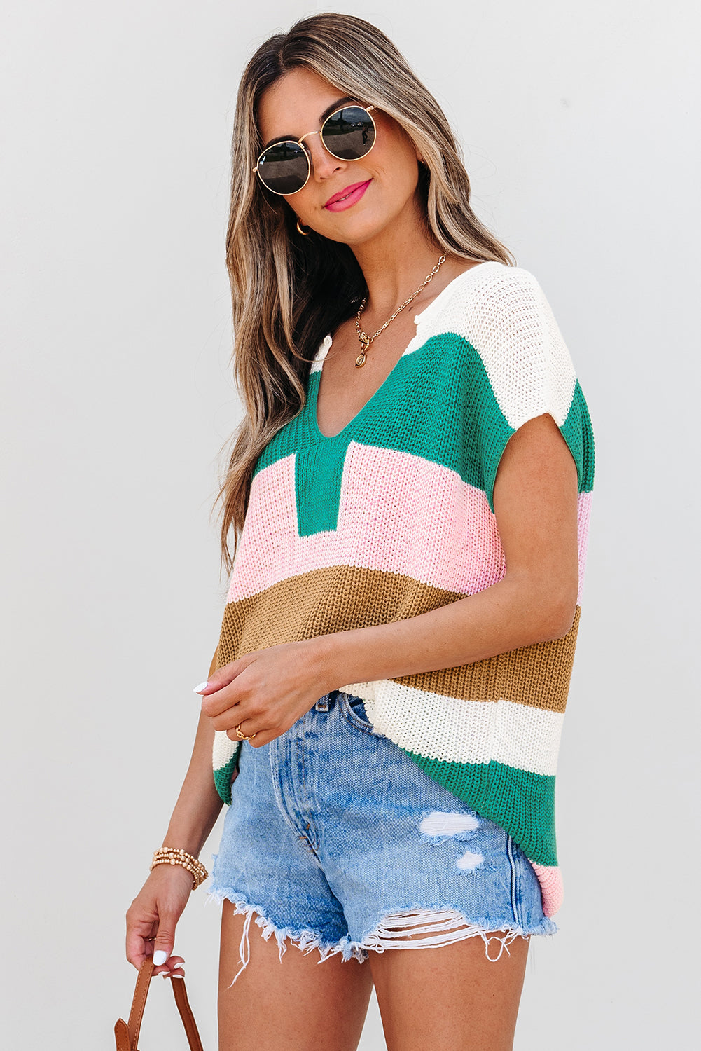 Multicolour Color Block V Neck Sweater T Shirt