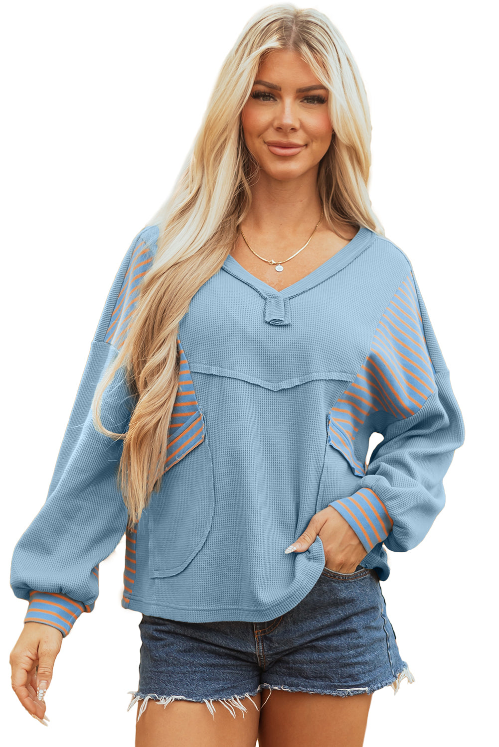 Dusk Blue Waffle Striped Patchwork Pullover
