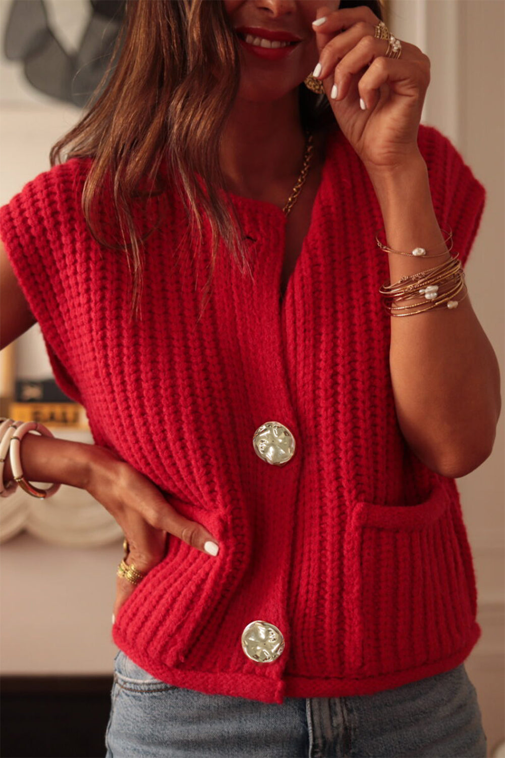 Fiery Red Solid Knit Buttoned Sweater Vest