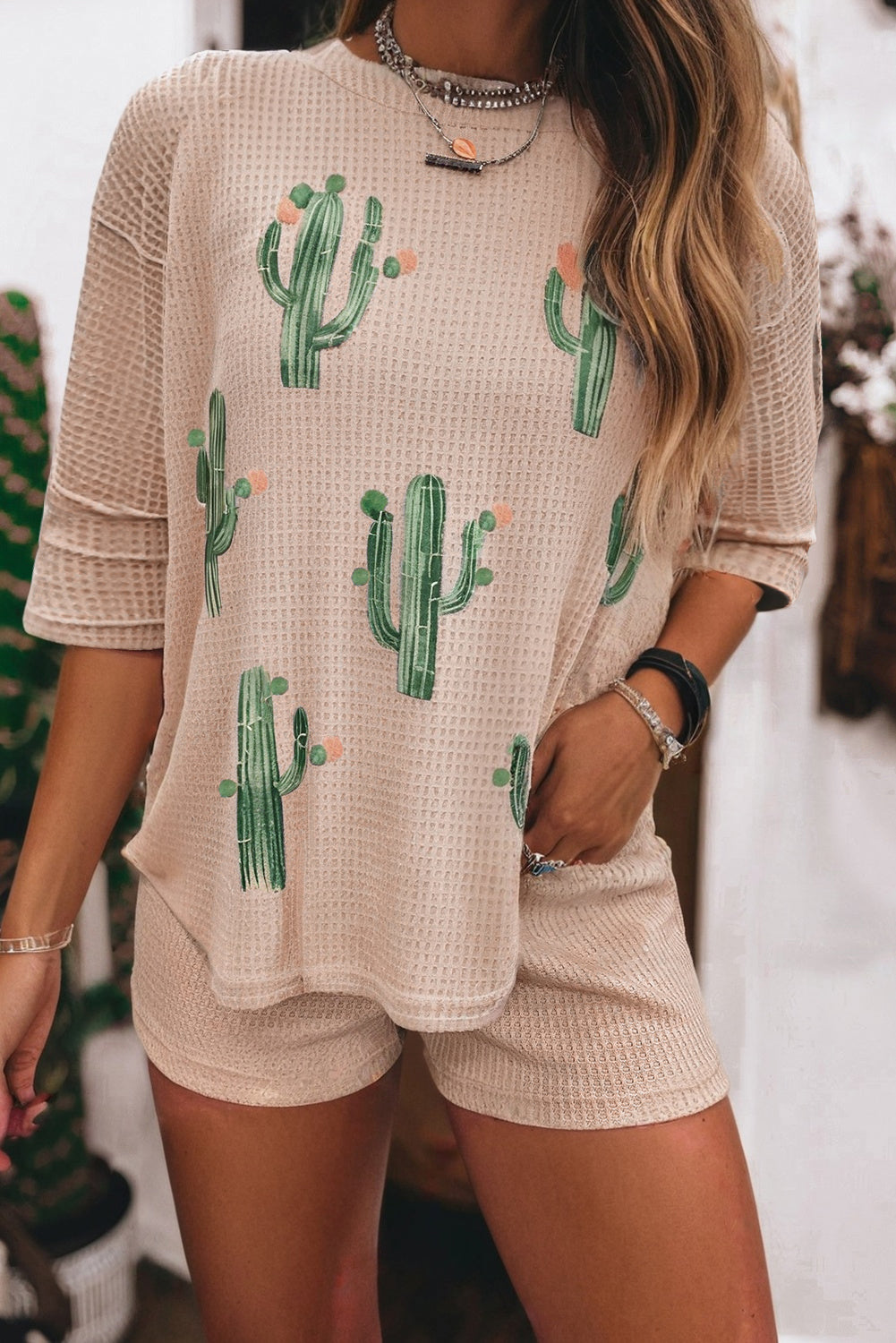 Beige Cactus Waffle Knit Tee Short Set