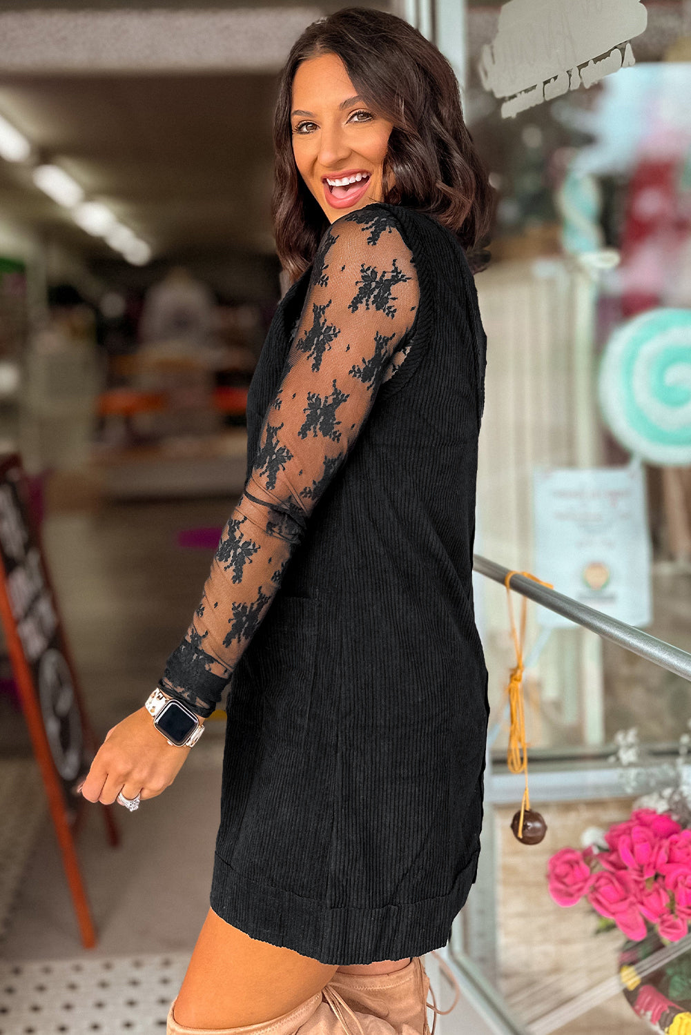 Black Corduroy Mini Dress With Pockets